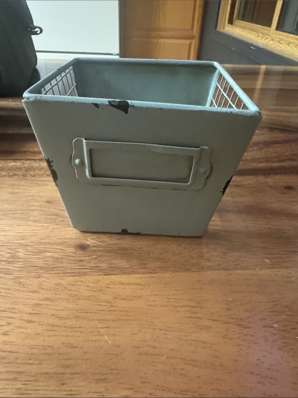Distressed Metal Storage Bin with Label Pocket - Muted Sage Green